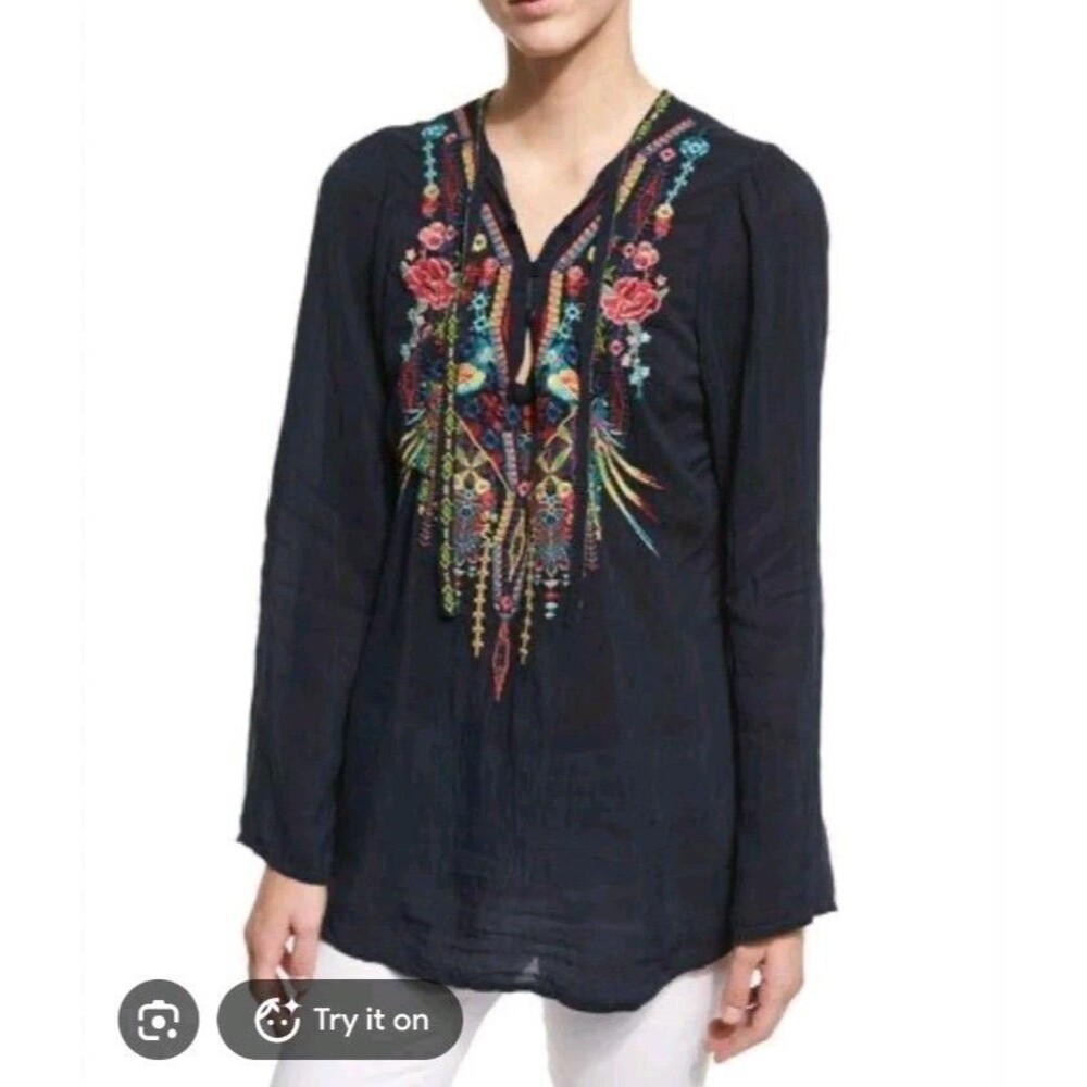 Johnny Was Women's Ivory Floral Embroidered Chiffon Sheer V-Neck 3/4 Tunic 1X